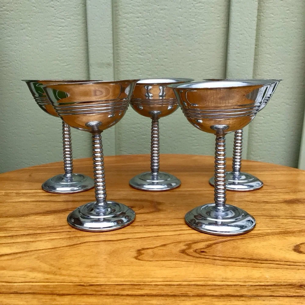 Vintage Stainless Chrome MCM Cocktail Shaker Pitcher with Goblets